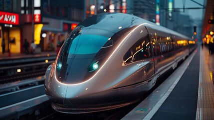 Hyper realistic vision of Japan's transport innovations featuring advanced maglev trains and drone taxis in a clean modern cityscape with space for infographics and writing