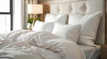 white bedding and white bed with light