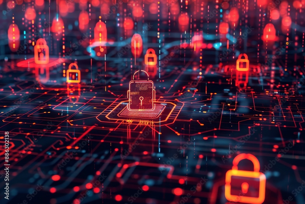 Poster lock on top of a computer circuit board, representing security and protection of digital data, creat