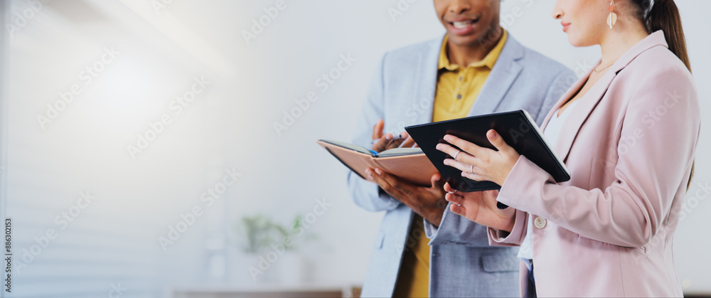 Aufkleber Tablet, notebook and business people in discussion in the office doing research for a project. Collaboration, teamwork and corporate team working on a report together with mobile device in workplace.