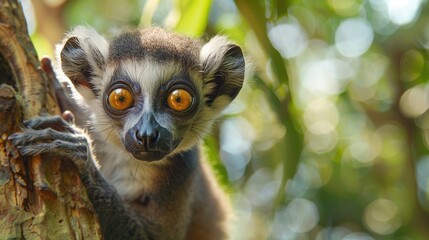 Fototapeta premium Curious Lemur with Big Orange Eyes in a Green Forest