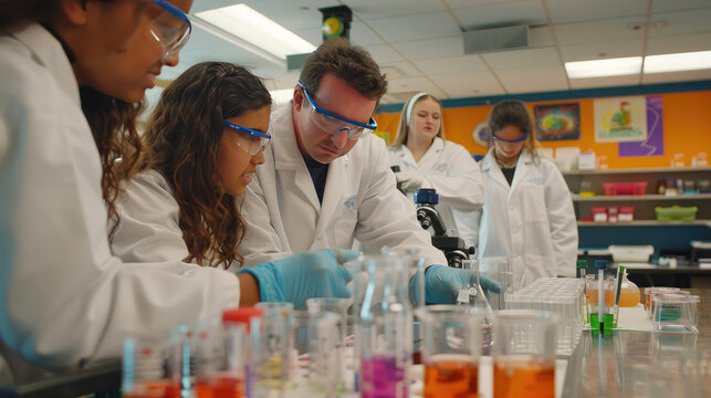 High school students and teacher in lab coats conducting a science experiment with test tubes, beakers, and a microscope