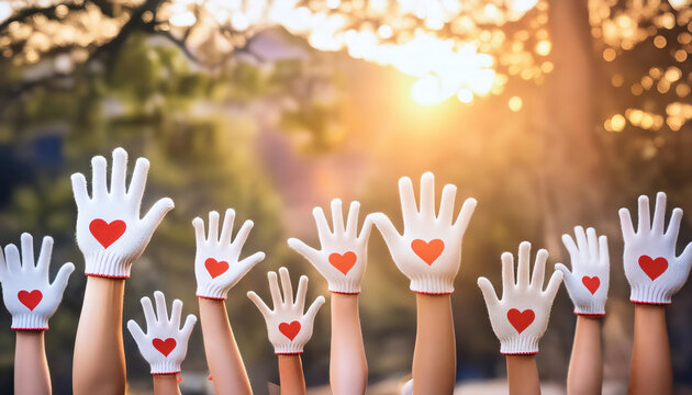Volunteering and community service, featuring symbols of hands and hearts symbolizing help, kindness, and support. Ideal for topics related to charity, social work, and altruism.