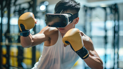 An Asian man wears a VR headset and boxing gloves as he throws a punch during a training session