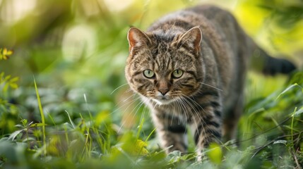 Fototapeta premium Tabby Cat Stalking Through Lush Green Grass