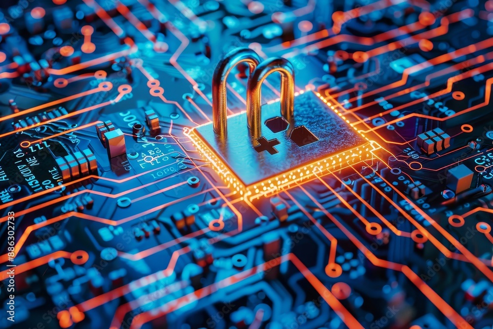 Poster a padlock securely fastened on top of a computer circuit board, ensuring data privacy and protection
