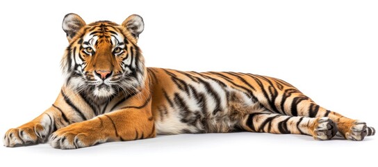 Fototapeta premium Striped Tiger Lying Down on White Background