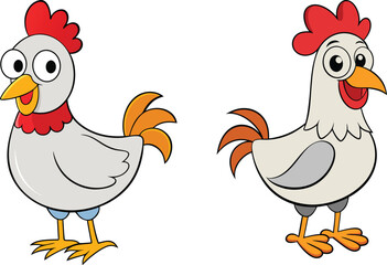 Set of funny cartoon red and orange chicken, hen in various poses, vector illustration