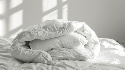 white duvet rolled up on the bed
