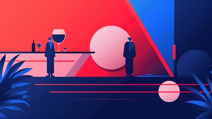 A futuristic party with holographic decorations, guests in sleek, sci-fi inspired outfits, and an overall enigmatic and festive atmosphere, flat design illustration