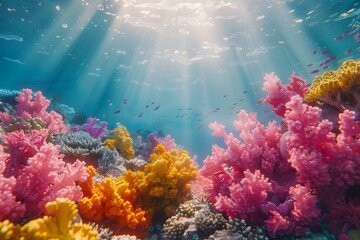 Fototapeta premium Vibrant coral reef with colorful corals and fish under sunlight in crystal clear tropical waters.