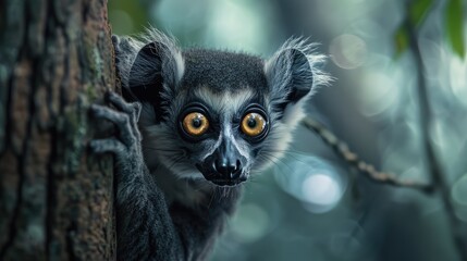 Curious Lemur Peeking from Behind a Tree