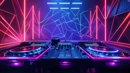 A DJ mixer sits in front of a neon light wall, with the background reflecting the vibrant pink and blue lights.