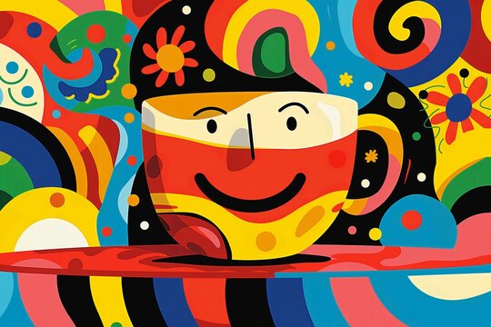 Colorful tea cup with playful patterns and flowers in an abstract style - Powered by Adobe