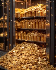 Secure bank vault with armored door, gold bullion, and storage for precious gems
