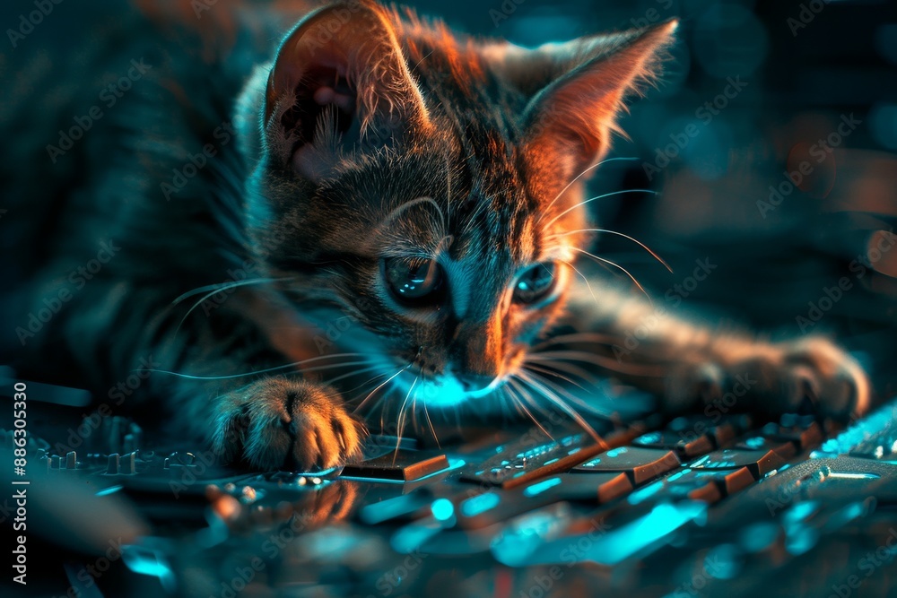 Poster a cat is perched on a computer keyboard, looking curiously at the keys, creating a visual metaphor f