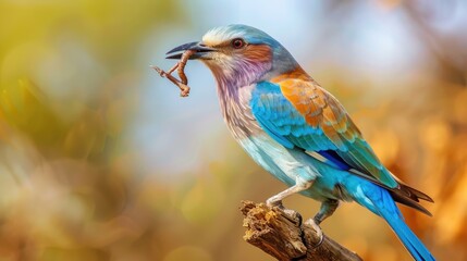 Vibrant Blue-Crested Roller Holding a Worm