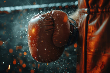 A man is boxing and his arm is dripping with sweat