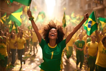 Happy young girl football fan celebrating her team victory. Latino woman with Brazil flag laughing and smiling. Celebration of Independence Day, Labor Day, Proclamation of the Republic