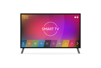 Vector smart tv concept - illustration in flat style with apps and video player on screen and remote control