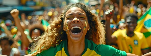 Happy young girl football fan celebrating her team victory. Latino woman with Brazil flag laughing and smiling. Celebration of Independence Day, Labor Day, Proclamation of the Republic