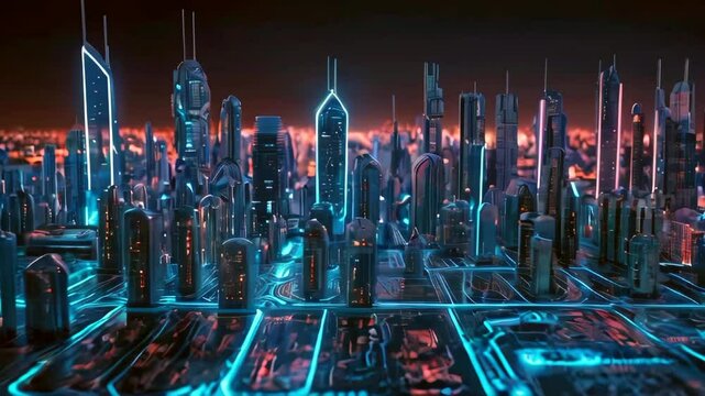 Blue neon Luminous futuristic city on an extensive illuminated circuit board. Technology paradigm. Future cityscape. Including web3, connectivity, AI, machine learning, and AR.