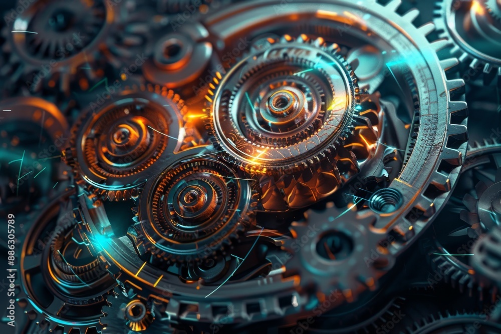 Poster detailed view of gears inside a clock, showing intricate mechanical movement, creating a visual repr