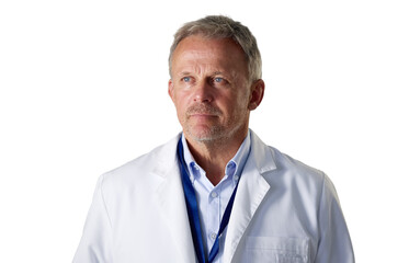 A Middle-Aged Man Wearing a White Lab Coat Looks Off to the Side