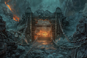 A dark, ominous scene with a gate chained shut