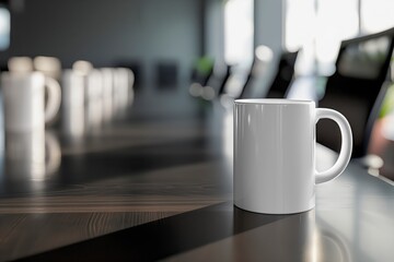 White mockup mug in a meeting room. Natural light. Side view. Copy space for text