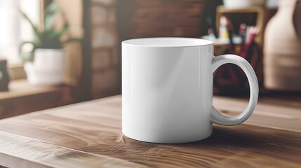 Fototapeta premium White mock-up cup on a wooden table in a well lit house. Copy space for text. Image for advertising. Mockup for branding