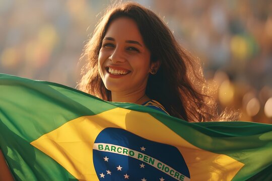 Happy young girl football fan celebrating her team victory. Latino woman with Brazil flag laughing and smiling. Celebration of Independence Day, Labor Day, Proclamation of the Republic