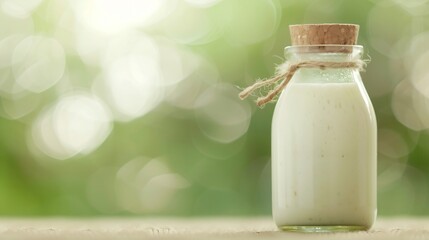 Fresh milk in a glass bottle with a twine bow on a wooden table, with a green blurred background, a healthy choice for breakfast