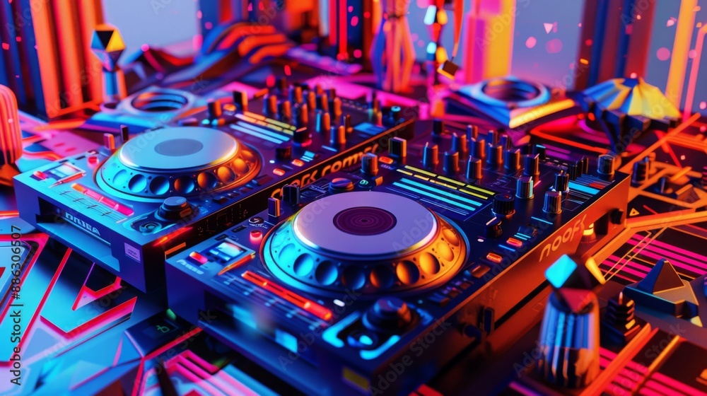 Poster Two DJ mixers are illuminated in a neon light display, surrounded by abstract, colorful shapes and glowing lines.