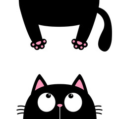 Black cat face looking up. Funny head silhouette. Hanging fat body paw print, tail. Kawaii animal. Sticker print. Cute cartoon pet baby character. Childish style Flat design. White background. Vector