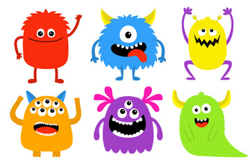 Happy Halloween. Monster set . Cute cartoon kawaii funny baby character icon. Colorful silhouette. Horns, fang teeth, eyes. Sticker print. Childish style. Flat design. Isolated Black background Vector