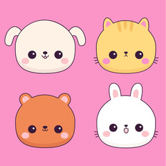 Chibi bear, dog puppy, cat kitten, bunny rabbit icon set. Round face. Valentines day. Cute cartoon kawaii funny baby animal character. Love card. Sticker print. Flat design. Pink background. Vector