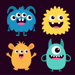Happy Halloween. Cute monster set. Cartoon kawaii funny boo baby character. Colorful silhouette monsters. Different face. Teeth, eyes, horns, hands. Flat design. Childish style Black background Vector