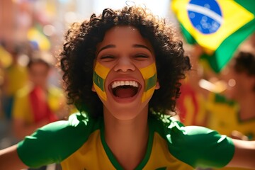 Happy young girl football fan celebrating her team victory. Latino woman with Brazil flag laughing and smiling. Celebration of Independence Day, Labor Day, Proclamation of the Republic