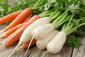 Vibrant orange carrots and white radishes with green leafy tops are bundled together on a weathered wooden surface. This image evokes thoughts of fresh, healthy eating and farm-to-table cuisine