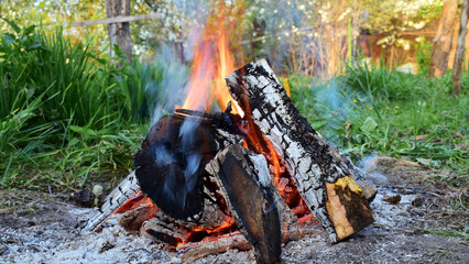 open fire. Close up shot of burning firewood. relax in nature, campfire outdoors. cooking over a fire, wild tourism, camping. background of burning firewood