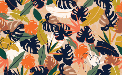 Tropical vector seamless pattern. Modern Abstract Botanical contemporary seamless pattern. Tropical leaves. Exotic Jungle eunique print. Fashionable template.