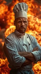 Serious chef with fire background and white uniform.