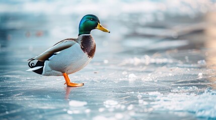 Obraz premium Mallard Duck Standing on a Frozen Lake