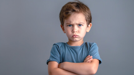 Young boy crossing arms with a serious expression on a plain gray background.