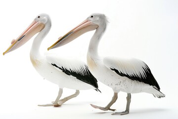 Two Pelicans Standing Side by Side Against a White Background