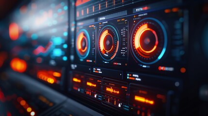 Fototapeta premium 3D illustration of futuristic UI, multi-screen setup, data visualizations, vibrant neon elements,