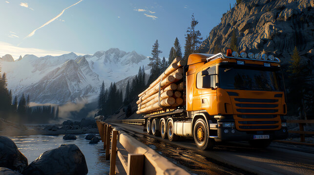 A electric yellow truck loaded with logs driving across a modern bridge over a tranquil river