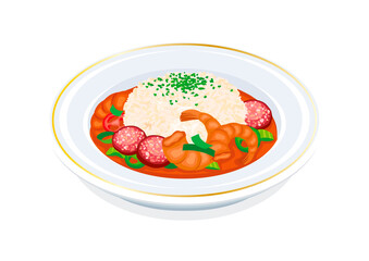 Gumbo soup with shrimp, sausage and rice illustration. Plate of soup with vegetables, sausage, and shrimp icon isolated on a white background. Classic meal in Louisiana