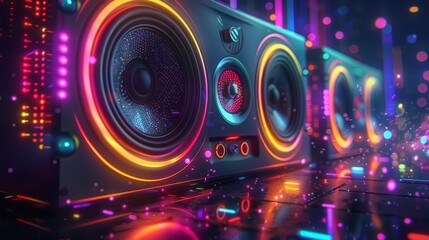 Close-up of vibrant dynamic neon speakers in a darkness. Music awards, parties, entertainment events